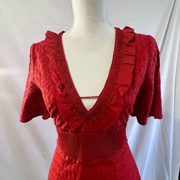 Finders Keepers Women's Red Asymmetrical Ruffled Collar Memento Dress Size Mediu - Picture 3 of 7